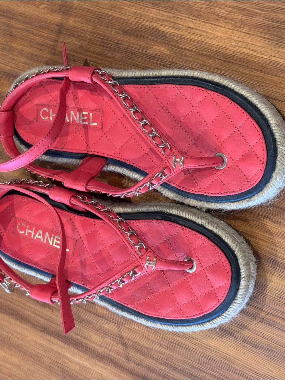 CHANEL Coral Quilted Chain-Trim Espadrille Sandals
